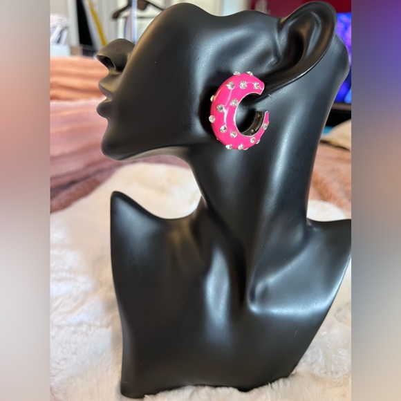 New Zara Statement Enamel in Bright Pink Hoops/Huggies with Silver Rhinestones - Picture 7 of 9